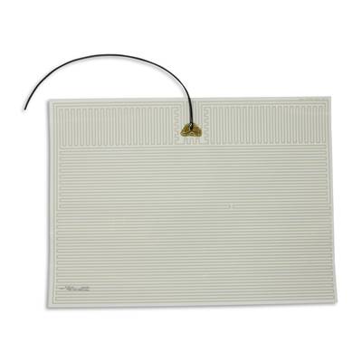Flat, rectangular heating film with a thin, serpentine circuit pattern and a cable attached to one side for heating purposes.