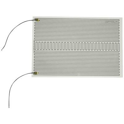 The image shows an electric heating foil with parallel-running conductor tracks and two connected wires.