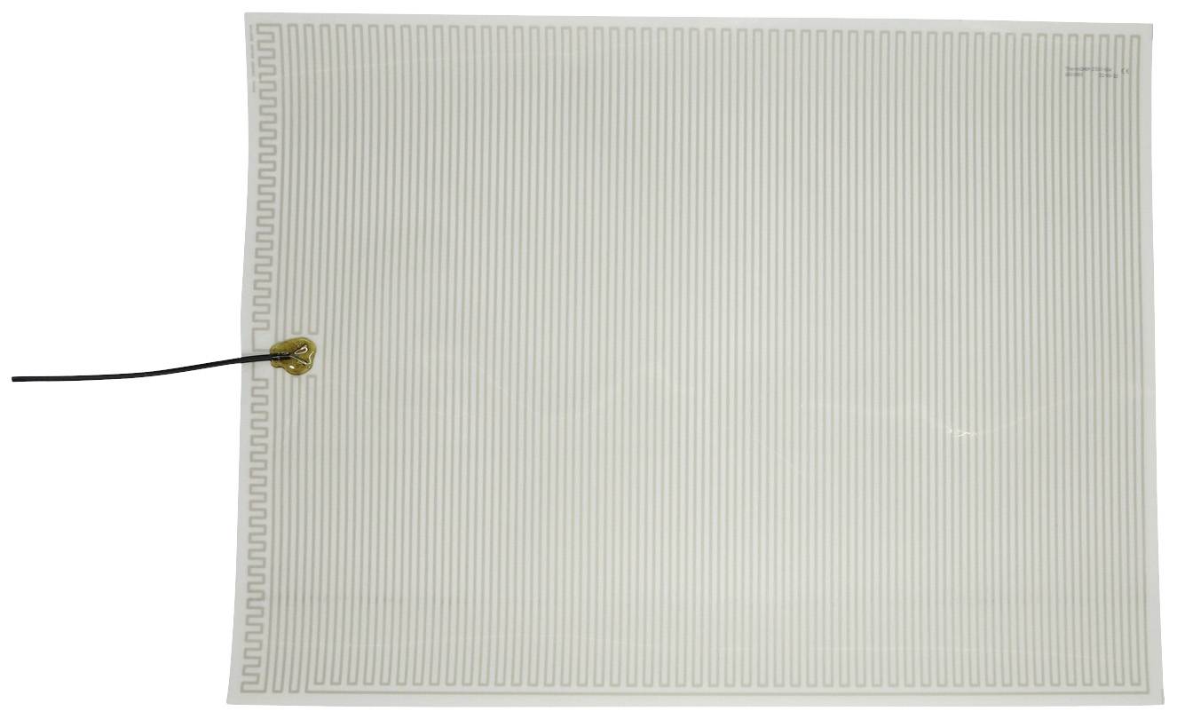 Heating mat with thin, parallel-running wires and a connection cable on the left, placed on a transparent surface.