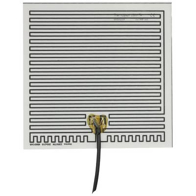 A square heating pad with black, parallel heating wires. Underneath is a yellow connector element with a black cable.