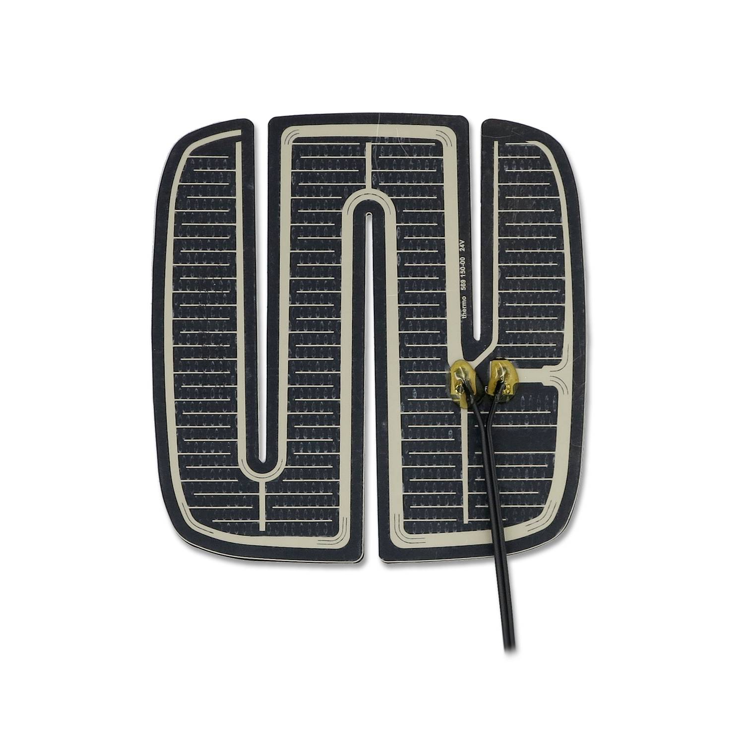 A rectangular heating film with black conductive tracks and two connected wires, used for surface heating.