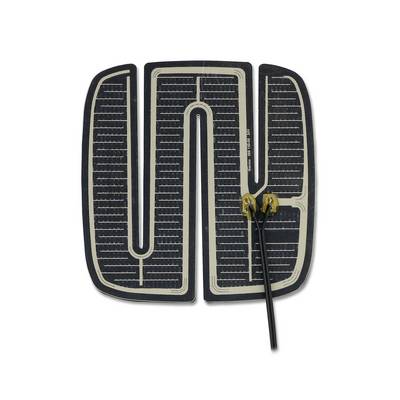 A rectangular heating film with black conductive tracks and two connected wires, used for surface heating.