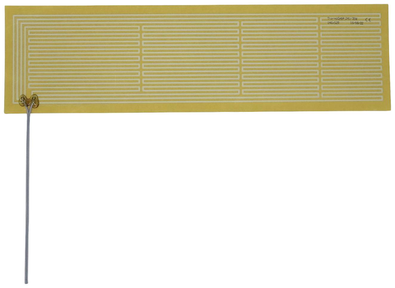 A flexible heating film with a yellow plastic carrier and a spiral-shaped heating element printed on it, connected by two wires.