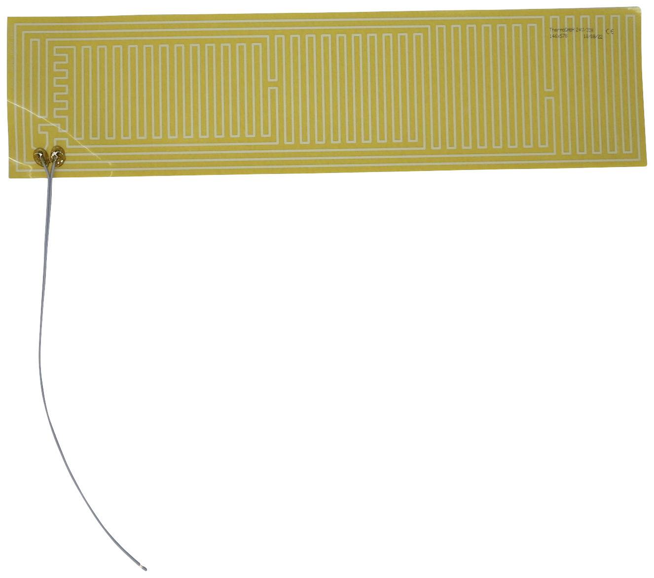 A rectangular heating element made of flexible material with a spiral-patterned heating wire and two cable connections.