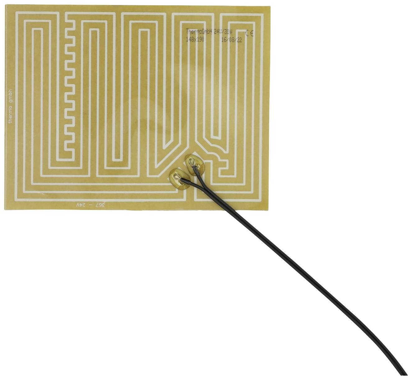 Coiled heating wire on a yellow substrate with two black cables attached. Used for even heat distribution.