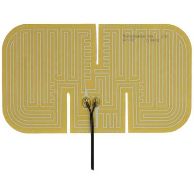 Beige heating film with intricate silver conductor tracks and two prominent black cables.