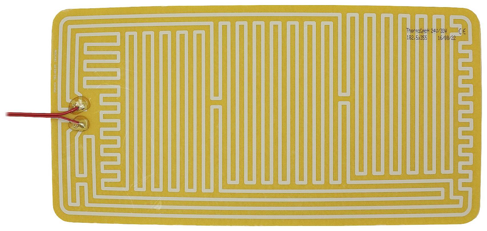Flexible heating pad with a yellow background and white circuit design. Two red wires are connected on the left side.