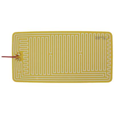 Flexible heating pad with a yellow background and white circuit design. Two red wires are connected on the left side.