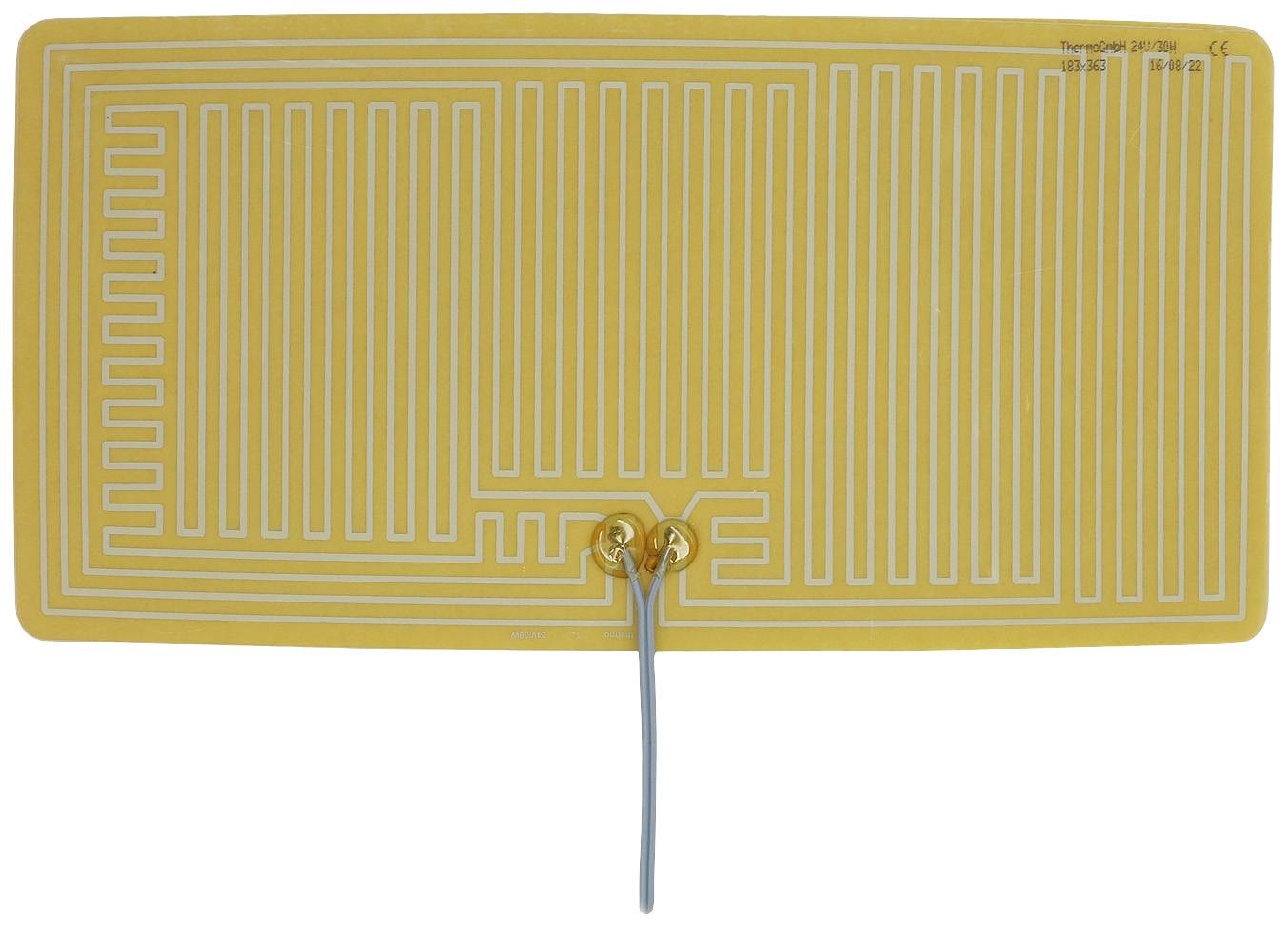 A flexible heating pad with a yellow surface and white heating coils. Two cables are connected to the underside.