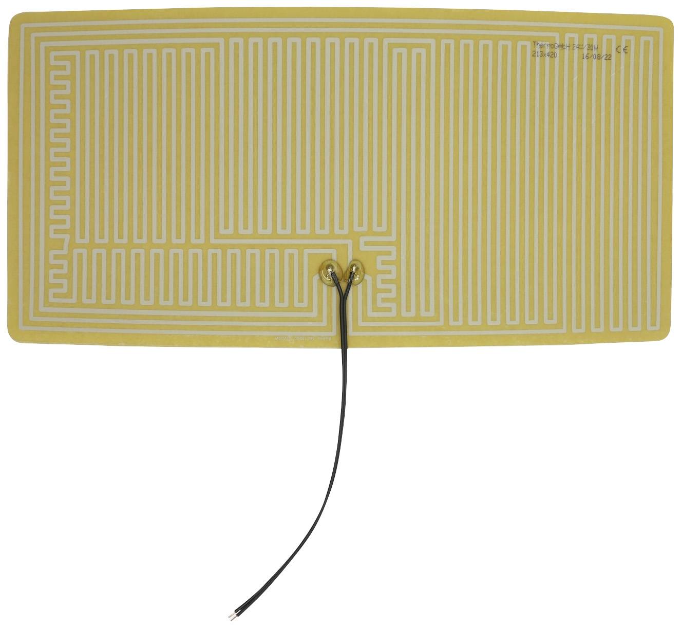 'Flexible heating element with thin, yellow conducting tracks on rectangular substrate. Cable leads from the centre to the power source.'