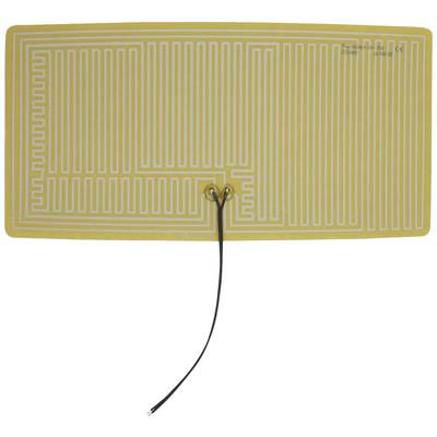 'Flexible heating element with thin, yellow conducting tracks on rectangular substrate. Cable leads from the centre to the power source.'