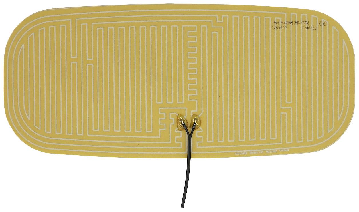 An oval, flexible heating element with an integrated heating wire pattern and two protruding cables.