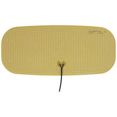An oval, flexible heating element with an integrated heating wire pattern and two protruding cables.