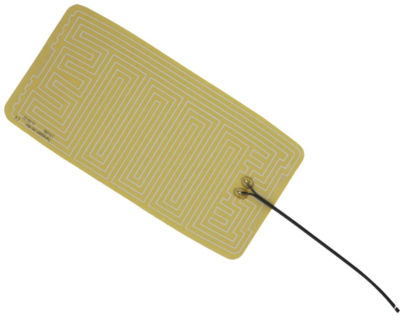 A rectangular, thin, gold-coloured RFID tag with an intricate pattern and an attached black cable.