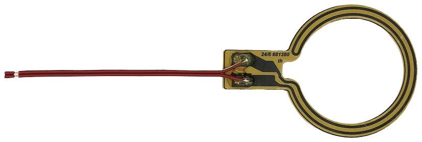 A circular flexible sensor with attached wires for detecting pressure or touch in electronic applications.