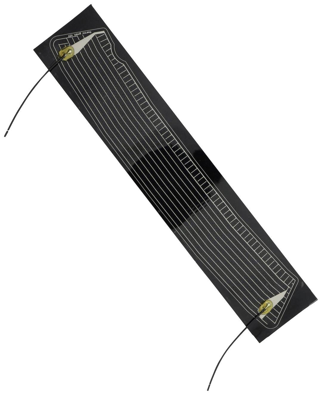 A rectangular, transparent device with black wires at both ends, likely a sensor or heating element film.