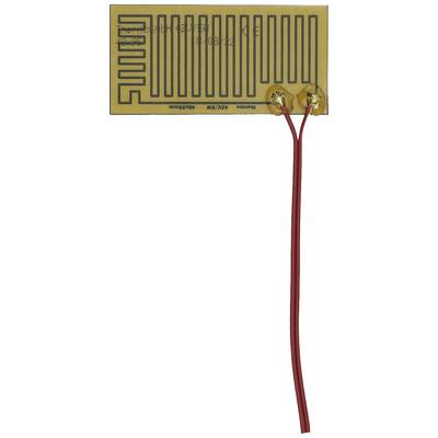 A flex sensor on a circuit board with two connected red wires. The sensor changes its resistance when bent.