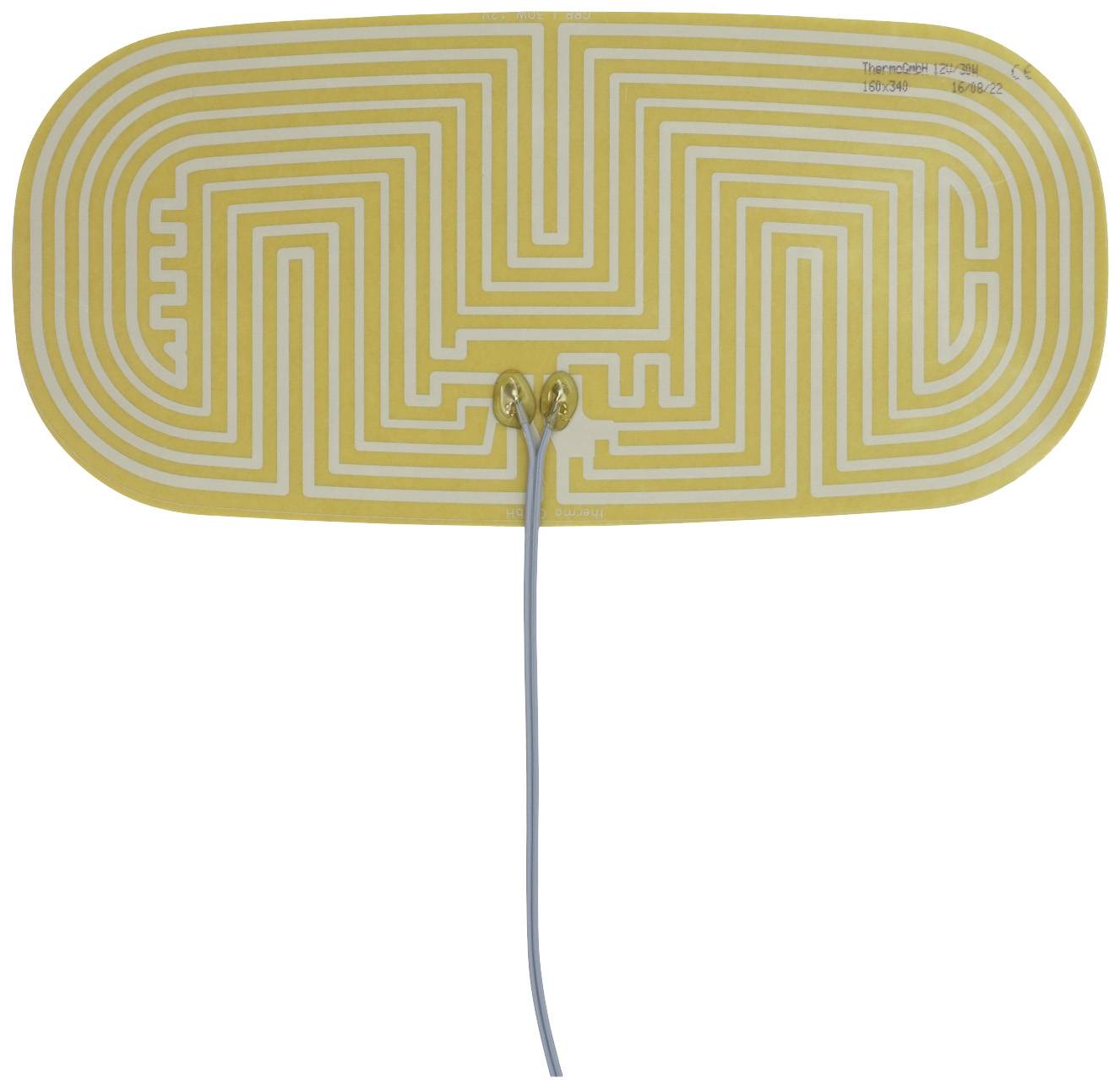 Yellow heated cushion with labyrinth pattern and two cables in the centre.