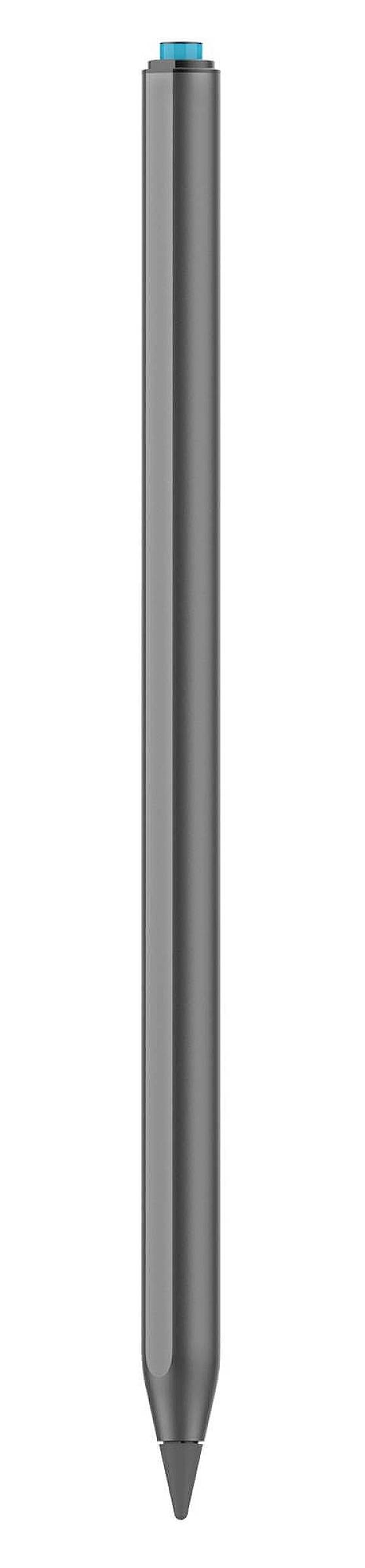 Grey, slender pen with a blue button at the top end.