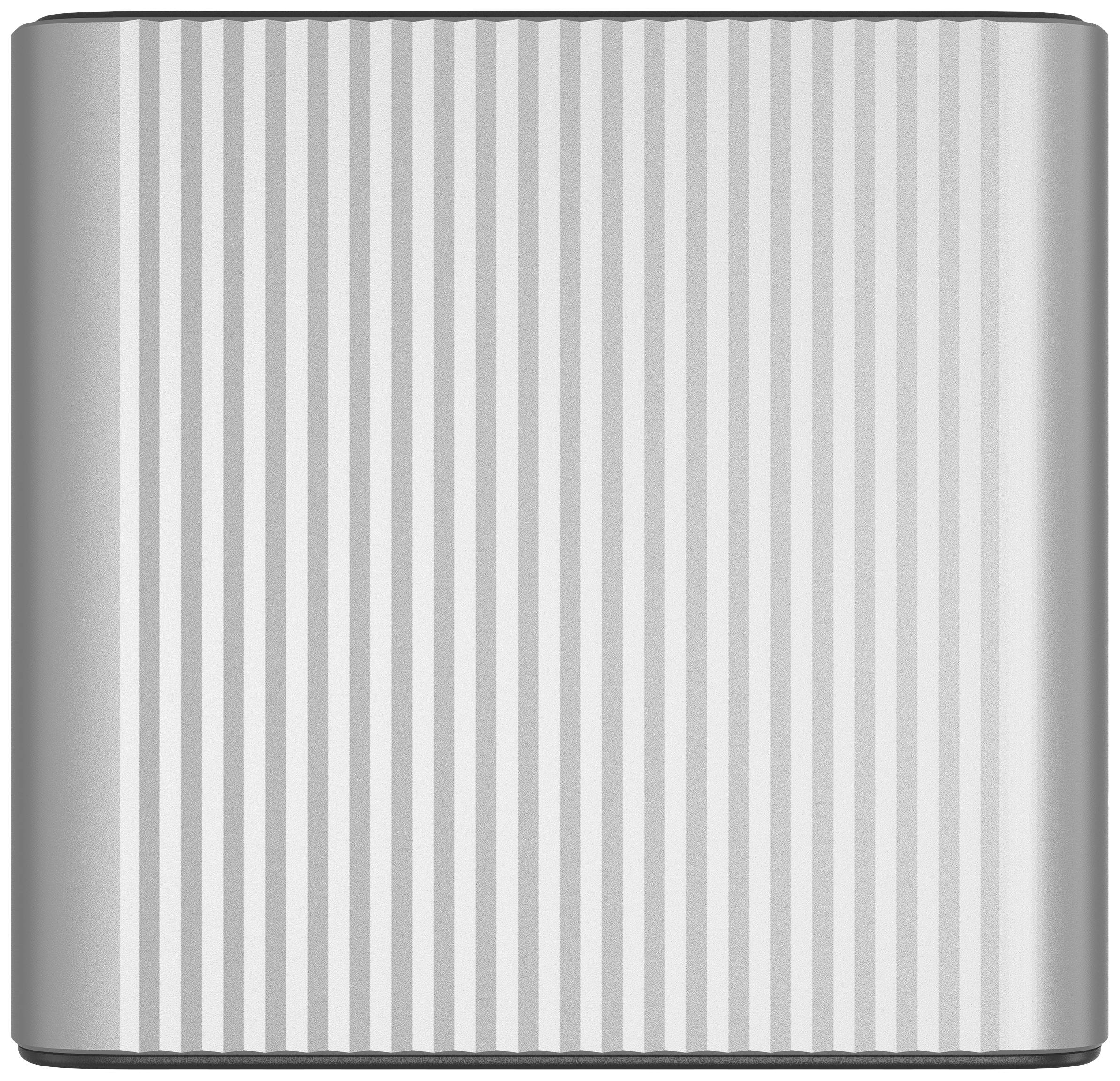 Silver, square object with vertical stripes. Minimalist design, possibly an external hard drive enclosure.