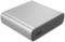 Silver external hard drive with a striped surface, compact and rectangular, with a USB port on the side.