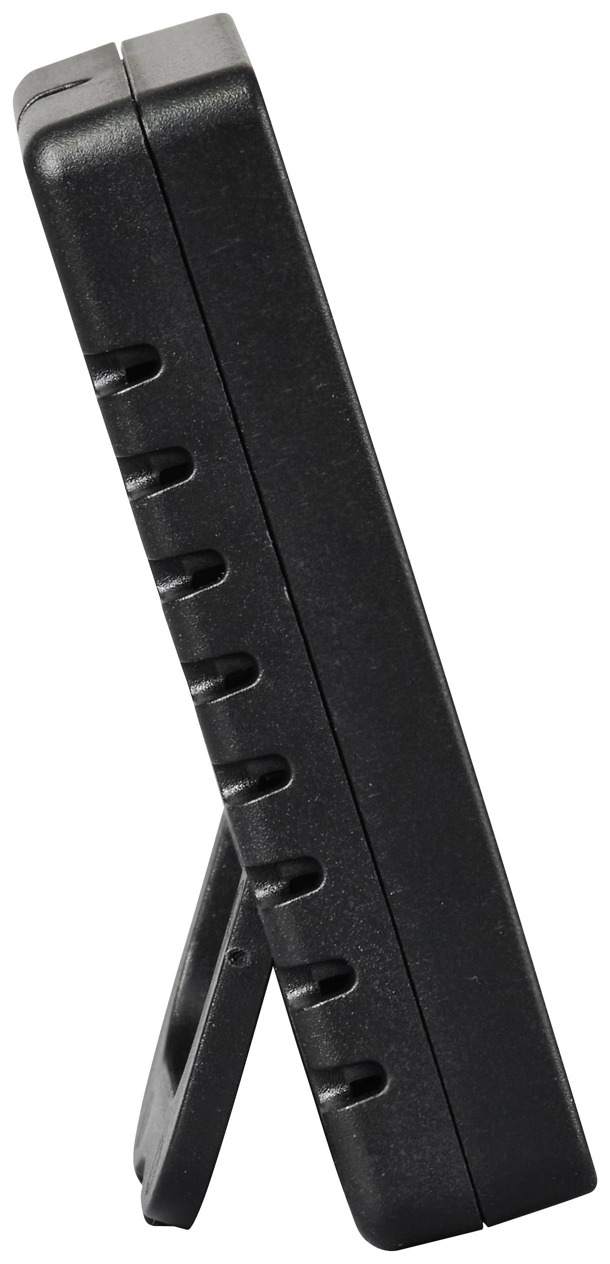 A digital black thermo-hygrometer with an upright stand, side view. Device measures temperature and humidity.