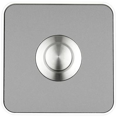 Square door bell with a round metal button in the centre on a grey background.