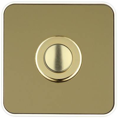 A square, gold-coloured push button with a circular centre, possibly a doorbell button.