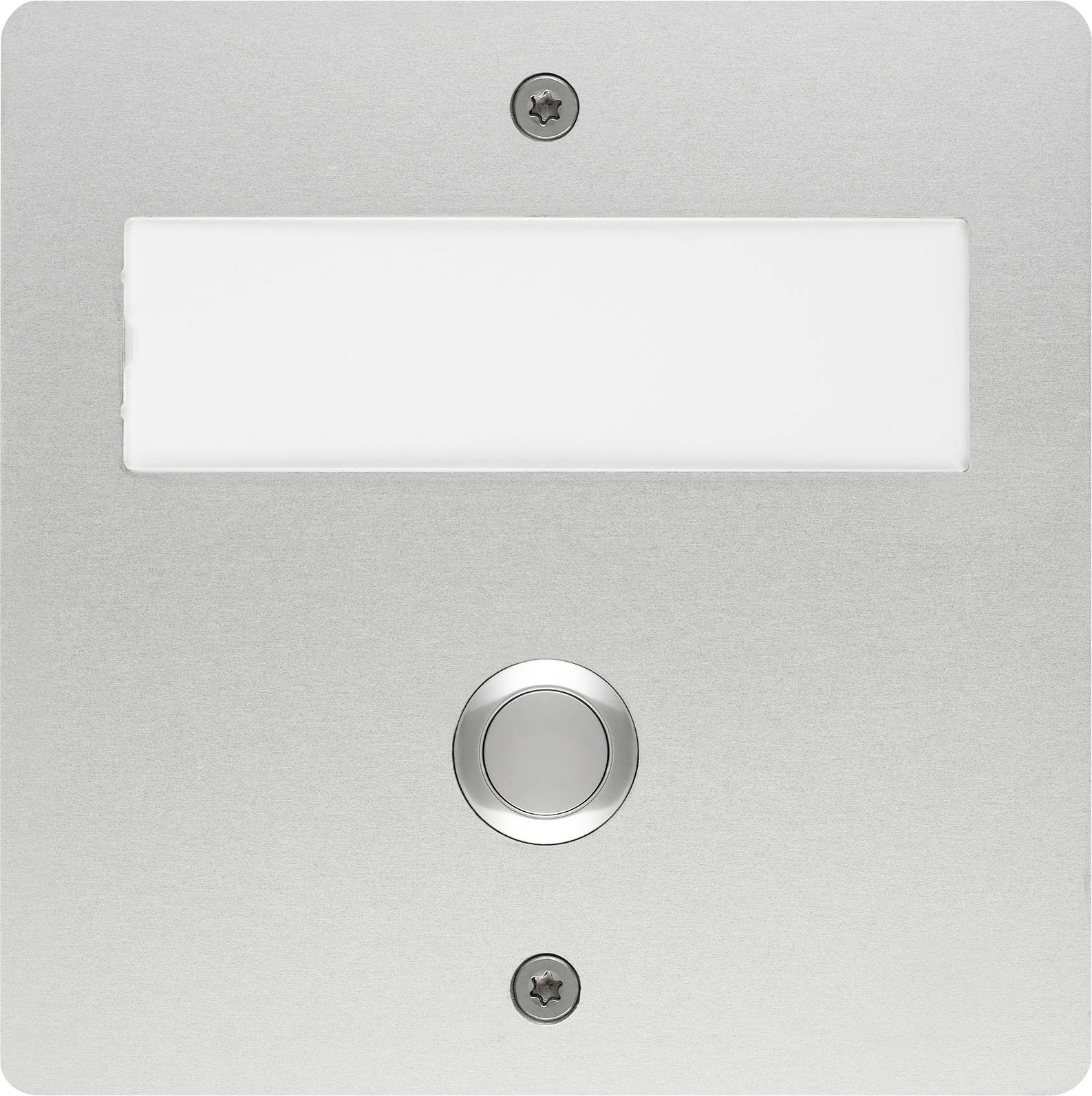 Stainless steel doorbell with name plate and central push button.