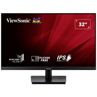 ViewSonic 32-inch Monitor with blue light filter, flicker-free and IPS SuperClear Technology. Red background with logo.