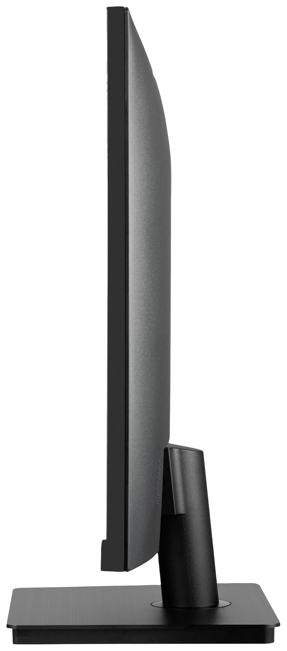 Side view of a black, slim computer monitor on a rectangular stand.