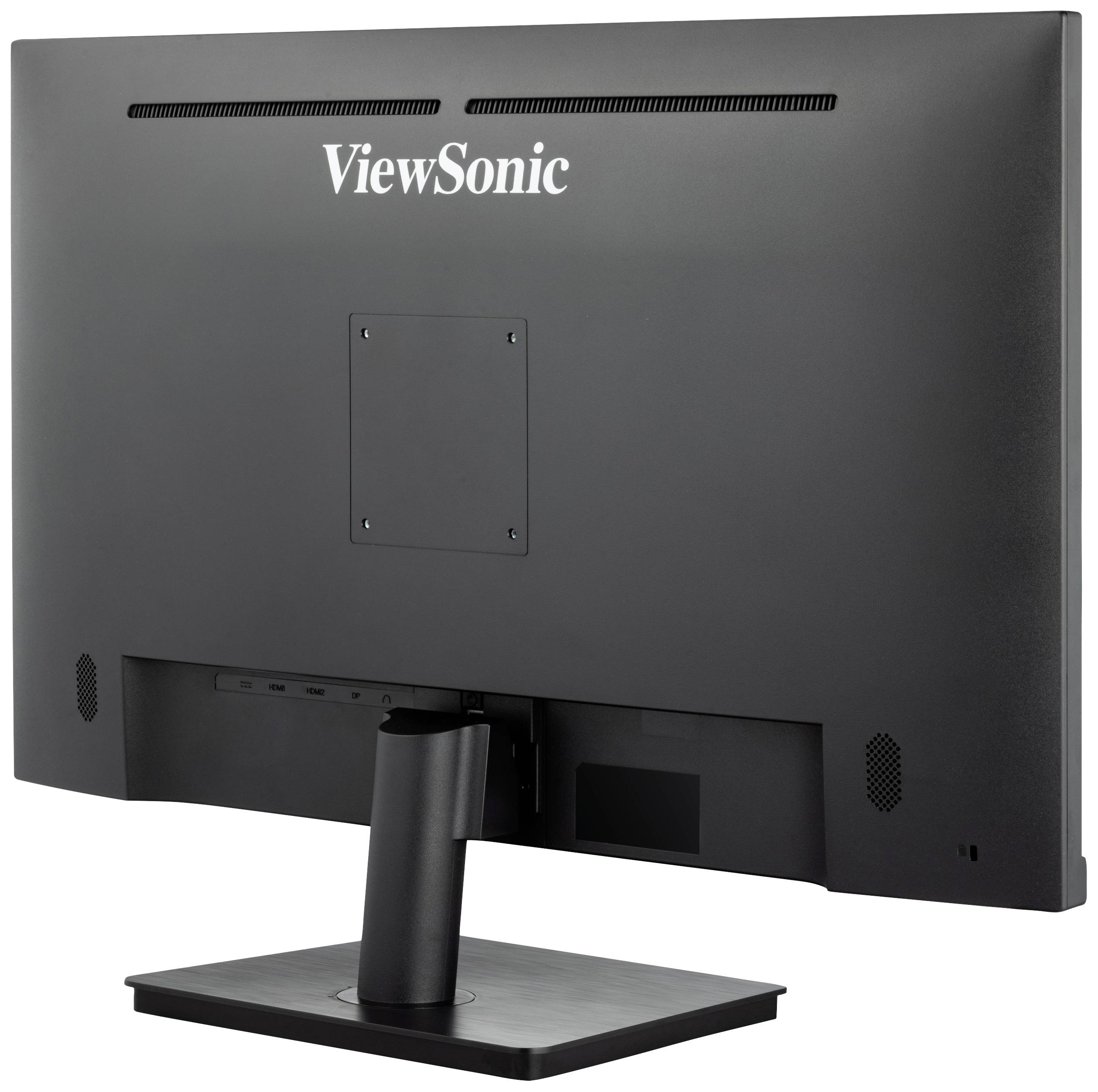A black computer monitor viewed from behind, with the 'ViewSonic' brand mark at the top. The monitor is mounted on a rectangular stand.