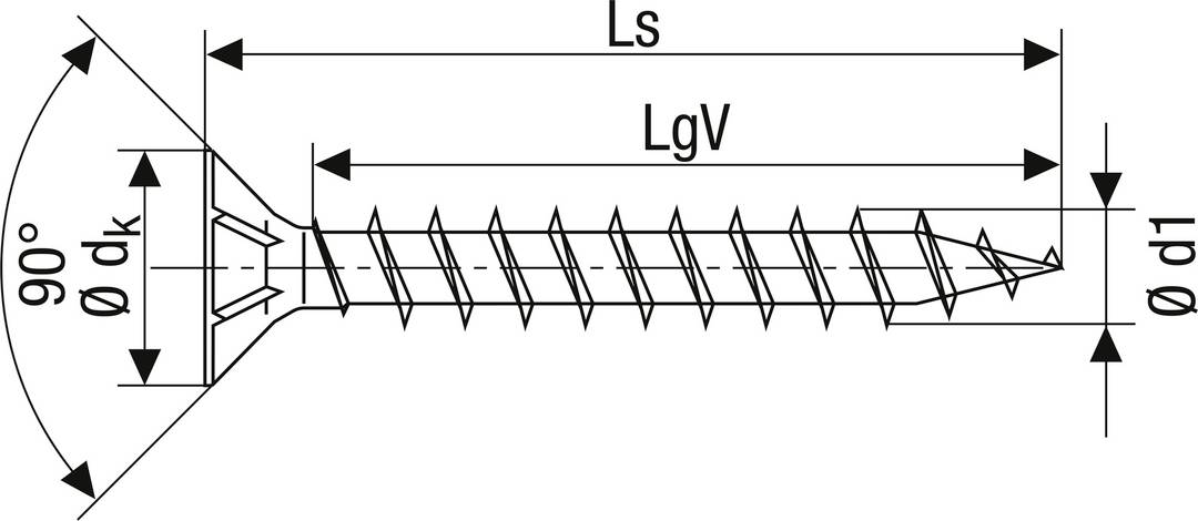 Figure of a countersunk wood screw size with labels: Total length (Ls), Thread length (LgV), Head diameter (ø dk), Screw diameter (ø d1).