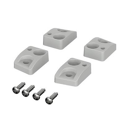 Four grey plastic mounting brackets with matching screws, for easy installation of objects.