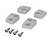 Four grey plastic mounting brackets with matching screws, for easy installation of objects.