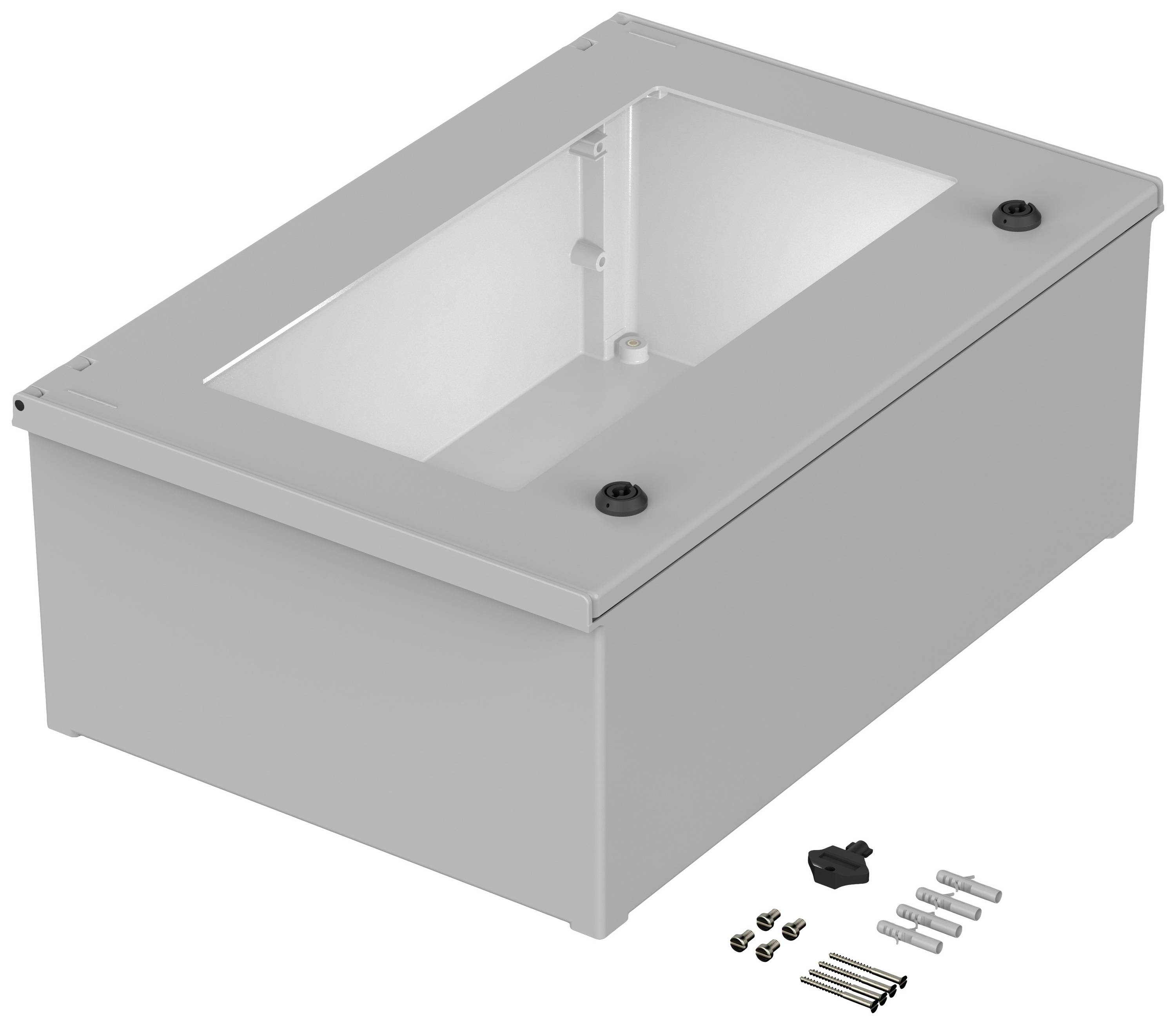 Metal enclosure with transparent lid, screws and mounting accessories. Suitable for electronic components or cable management.