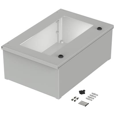 Metal enclosure with transparent lid, screws and mounting accessories. Suitable for electronic components or cable management.
