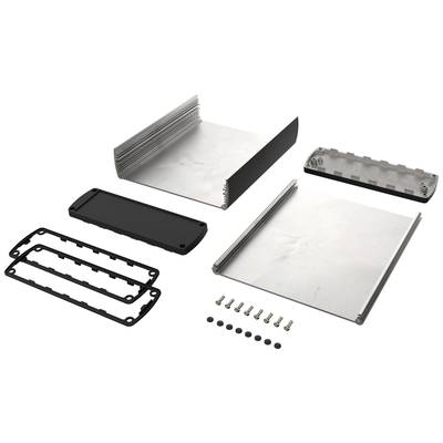 Exploded view of a rectangular aluminium enclosure with covers, screws, and seals, ready for assembly.