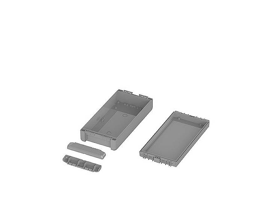 Grey, rectangular plastic box with a removable lid and two smaller covers, individually shown on a white background.