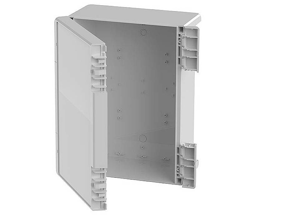 An open grey electrical cabinet with a door that hinges to the left. The interior reveals empty mounting spaces for components.