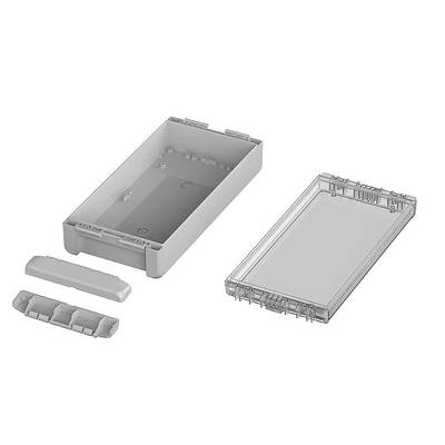 Enclosure with a transparent removable lid and two rounded sections. Suitable for electronic components or prototyping.