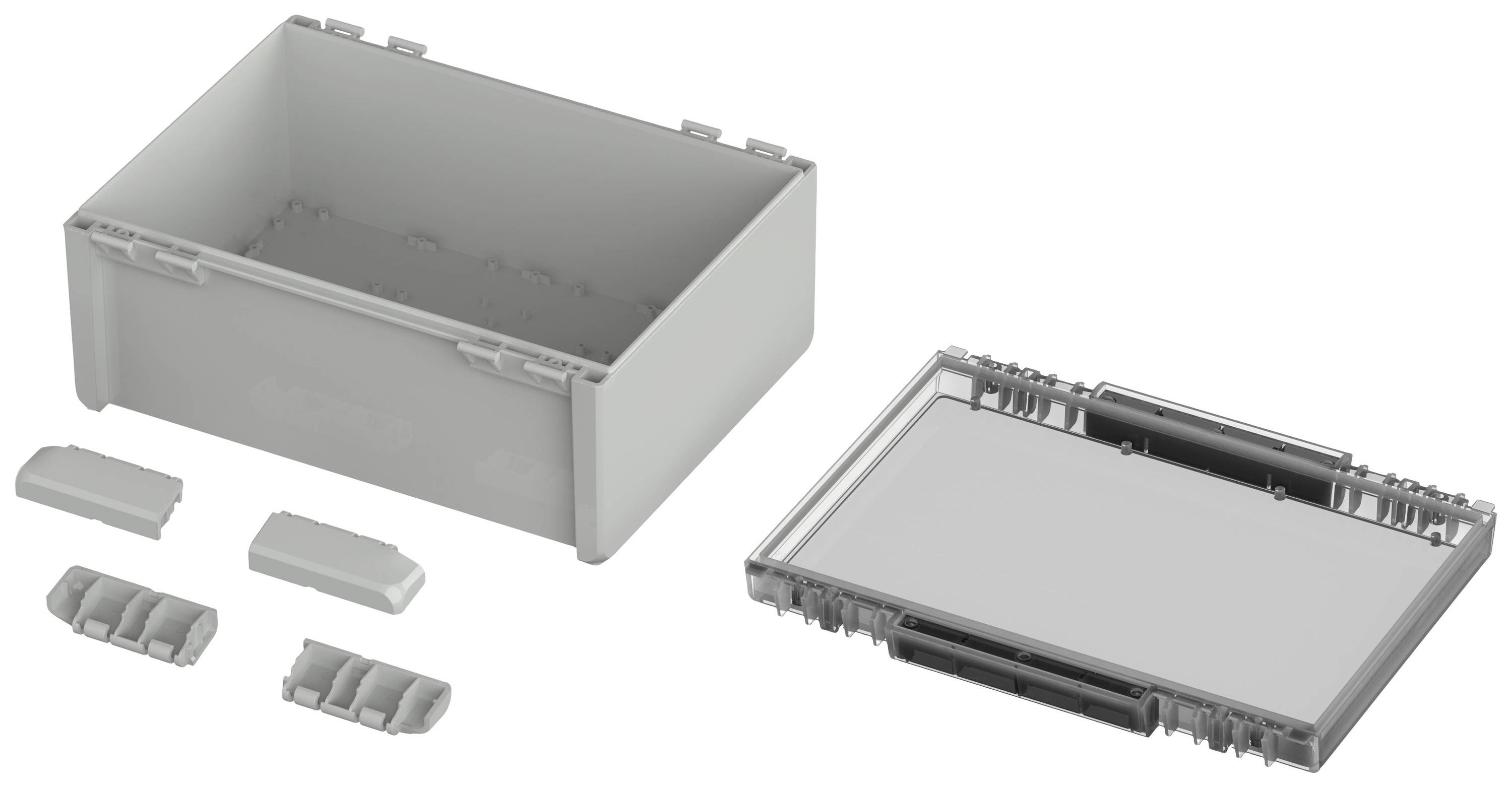 Grey plastic storage box in component parts: large rectangular container, removable lid, two smaller side panels, and hinges.