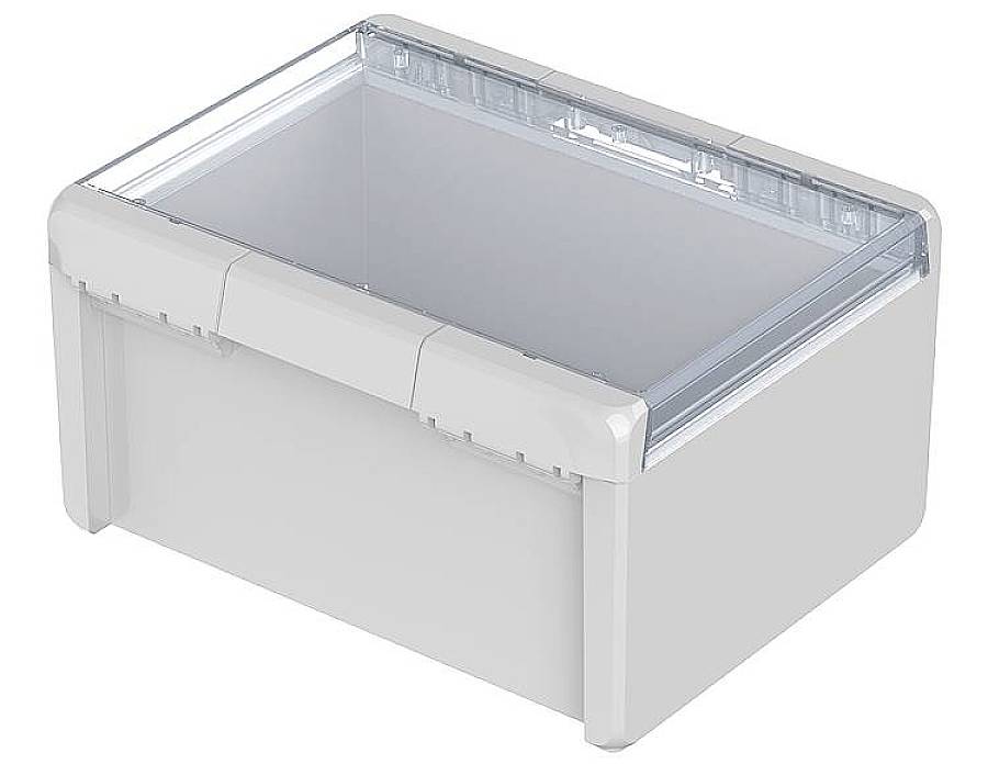 White plastic storage box with transparent lid.