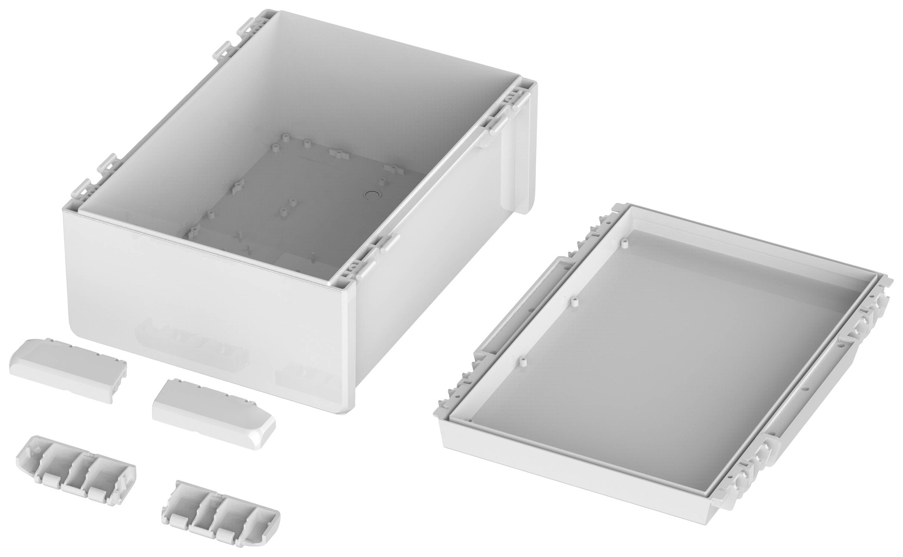 'Beige housing set consisting of a rectangular box and a removable lid. Contains small accessory parts for assembly.'