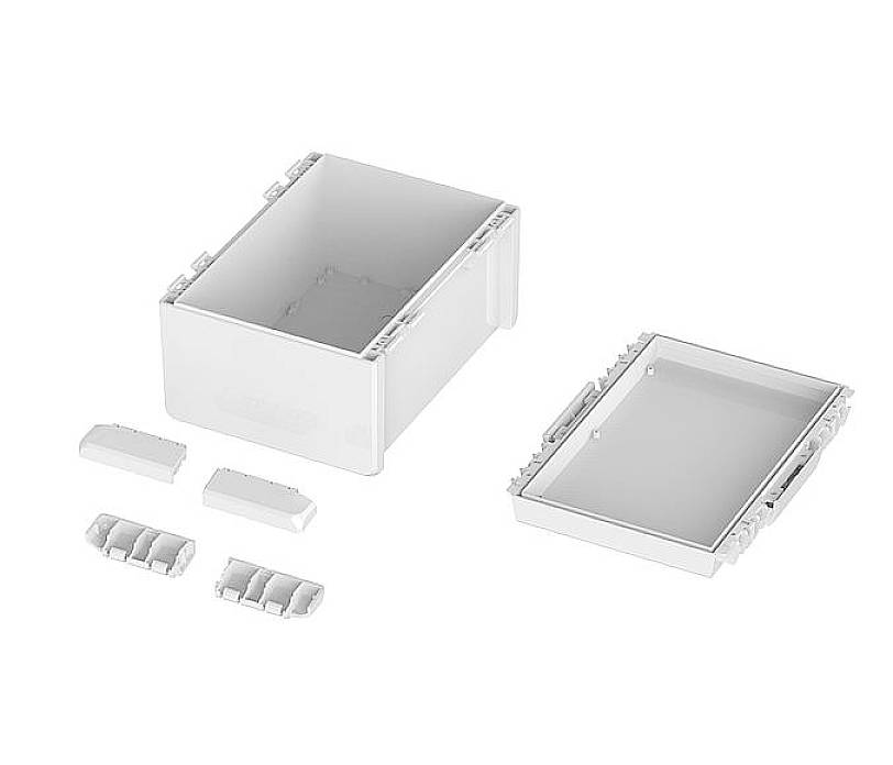 White plastic storage box with removable lid, four small separate compartments; suitable for storing or organising items.