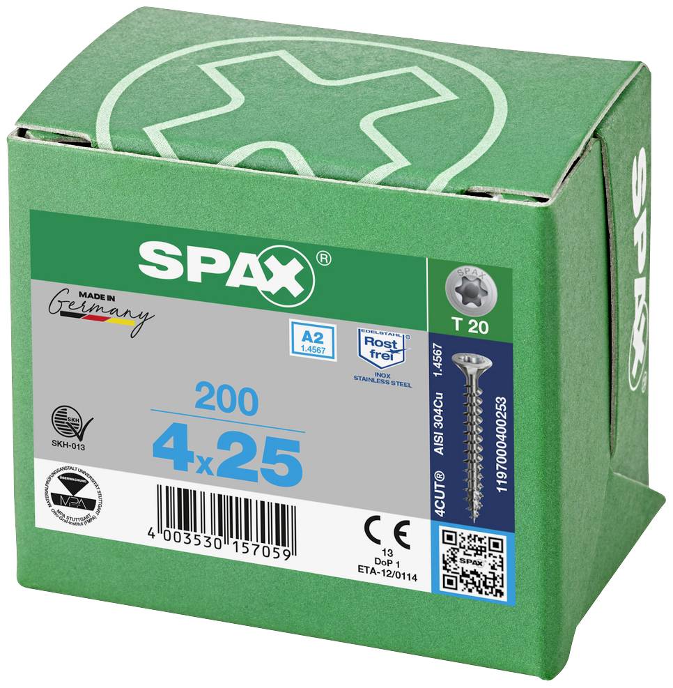 Green packaging containing 200 SPAX screws, size 4x25 mm, stainless steel A2. 'Made in Germany' and 'Stainless' are printed on the packaging.