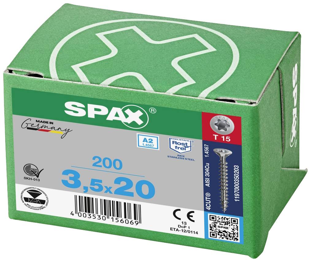 A green box containing 200 stainless SPAX screws, size 3.5x20 mm, manufactured in Germany. Includes T15 drive.