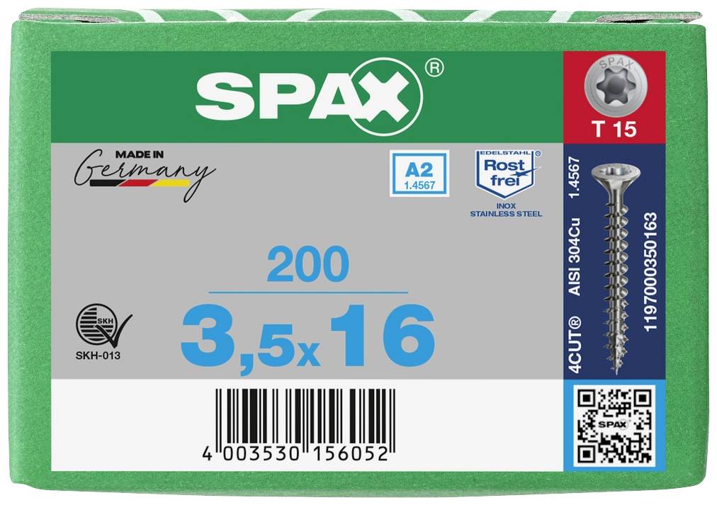 'SPAX 200 screws, size 3.5x16 mm, stainless steel, Made in Germany.'