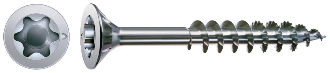 A close-up of a metal screw with a star-shaped head and a spiral thread. On the left, the screw head is visible from above.