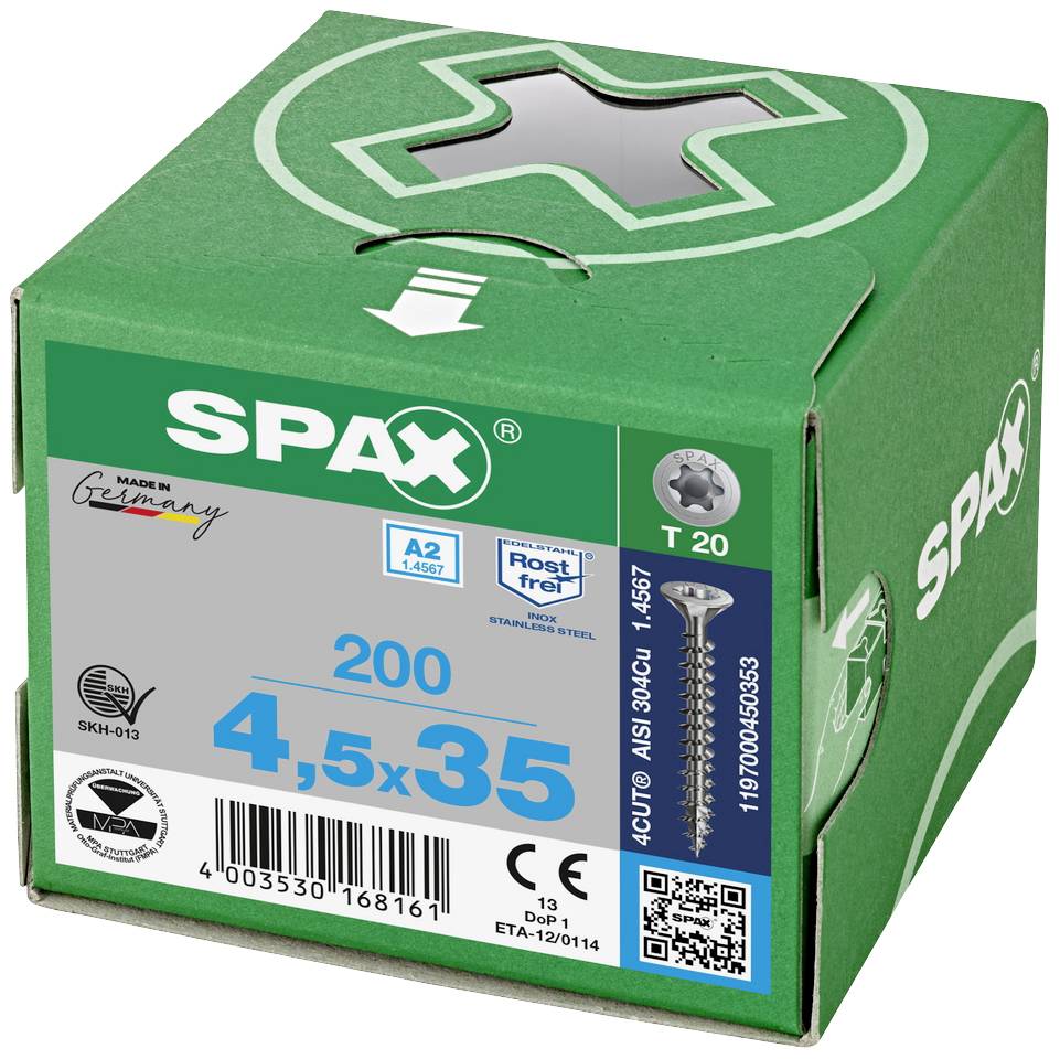 'SPAX Screws, 4.5x35 mm, 200 Pieces in Green Box, Stainless Steel, T 20 Torx Drive, Made in Germany, 3xDUET Coating.'